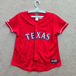 VINTAGE‎ Texas Rangers Boys Baseball Jersey Large Red Button Up Logo Majestic